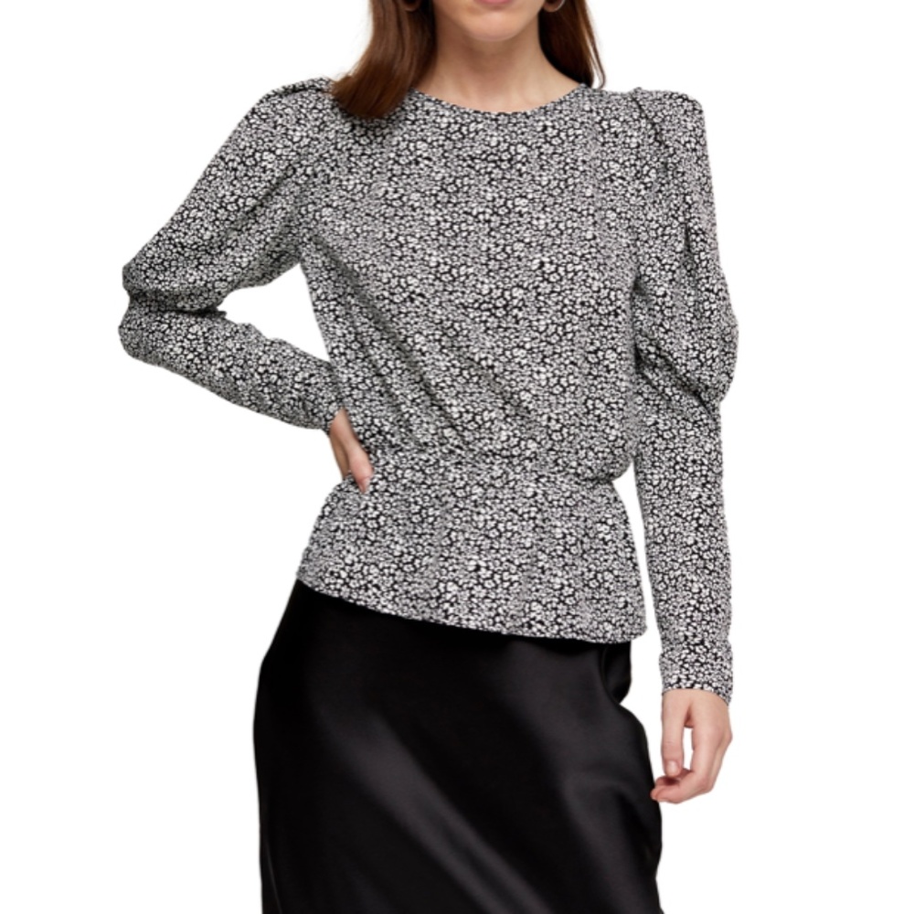 NWT Topshop Animal Spot Drama Long Sleeve Top in Black and White